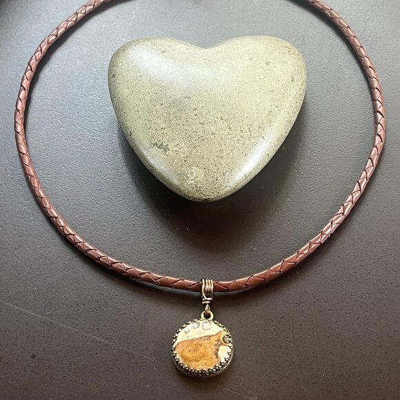 Braided Leather Necklace, Picture Jasper Pendant, Womens Mens Layering Necklace - Picture 7 of 7
